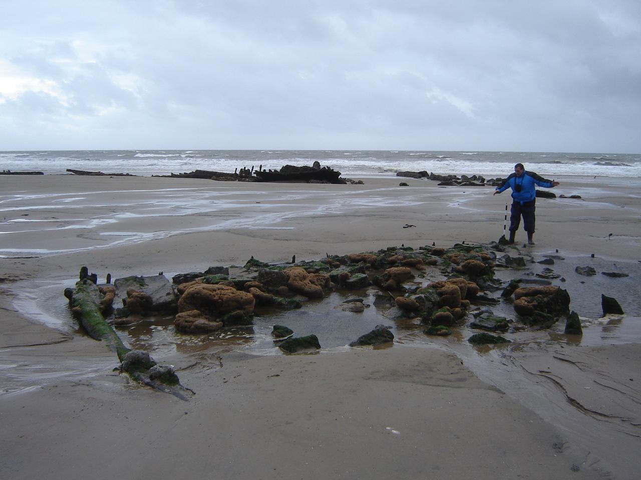Remains of an unknown wreck on Margam Sands, Port Talbot